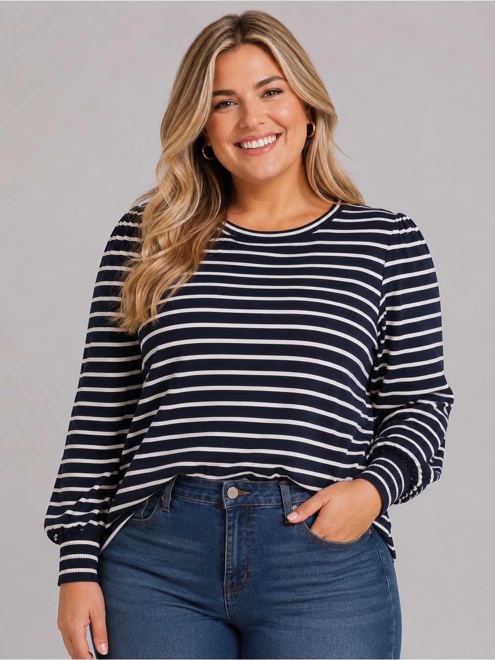 LC Lauren Conrad Women’s XL Navy Blue White Striped Long-Sleeve Shirt Top Blouse